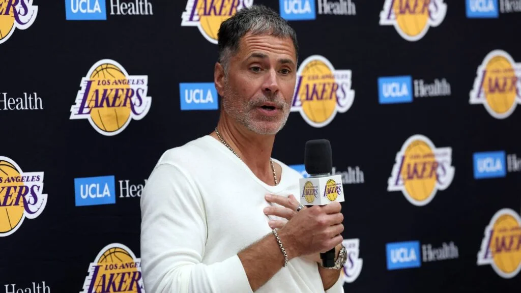 Sep 24, 2026; Los Angeles, CA, USA; Los Angeles Lakers president of basketball operations and general manager Rob Pelinka speaks to the media during a press conference at UCLA Health Training Center. Mandatory Credit: Kiyoshi Mio-Imagn Images